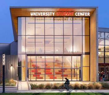 Photo of the University Student Center in the evening.
