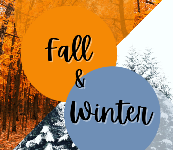 text of fall & winter on a backdrop cut diagonally. upper left diagonal is orange with trees at the autumn stage and lower right diagonal has trees with snow. 