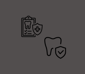 Icons of a dental clipboard with a shield and a tooth with a checkmark shield on a dark background.
