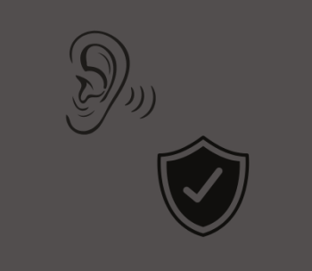 Icons of an ear and a shield on dark background.
