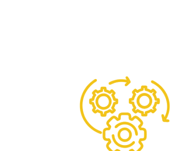 Line drawing interlocking gears surrounded by circular arrows, representing change, process, or settings