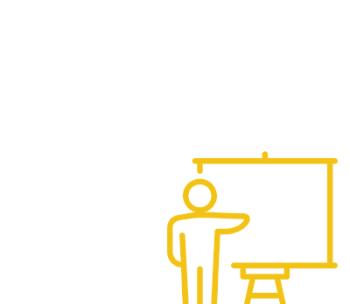 Line drawing of a person presenting next to a screen