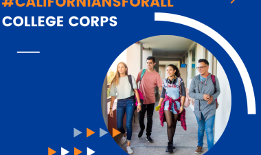 Four college students walking