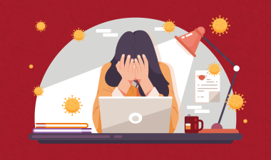 Illustration of a person with head in hands in front of a laptop.