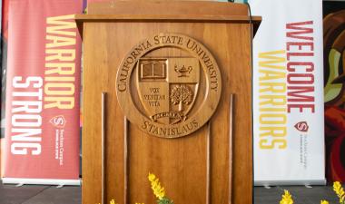 Lectern with Stanislaus State shield logo