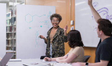 Tutor standing in front of a white board and a student raising their hand