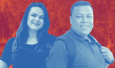 Graduate students smiling with backpacks