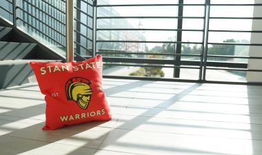 A pillow with the Stan State Warrior symbol is set by the window