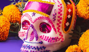 Day of the Dead skull and marigolds