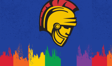 Stan State Warrior Logo with a painted rainbow below