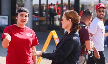 Students talking outdoors.