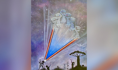 A film director projecting fists in the starry night sky