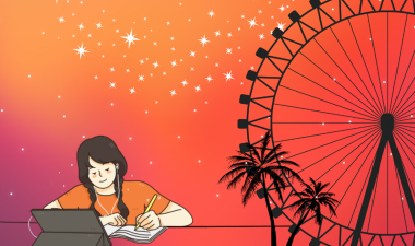Person studying with Palm Trees and a Ferris Wheel next to them