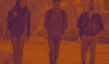 Graphic showing three students walking outdoors.