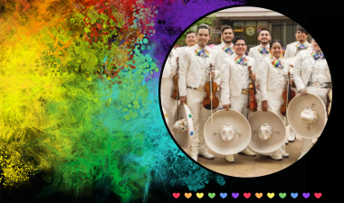 Band dressed in white and rainbow colors