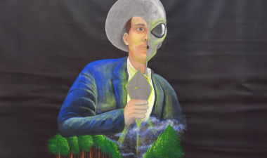 Artpiece titled "Alien aesthetics" by Shelby Woodings depicting a human with an alien silhouette. It's holding an ominous glowing stone.