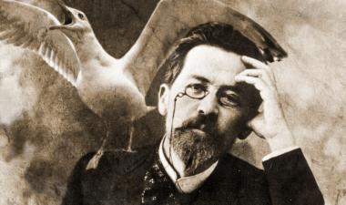 artwork for theatre production, bird sitting on a man's shoulder