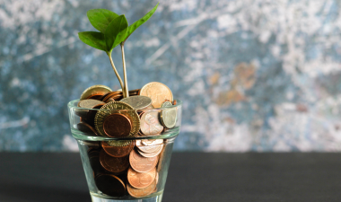 a glass jar filled with various coins and a seedling emerging from it.