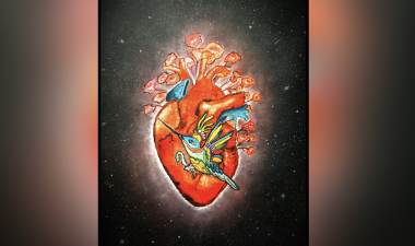 Drawing of a realistic heart and a mockingbird