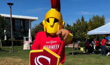 Stan State Mascot Titus pointing in the direction of the camera