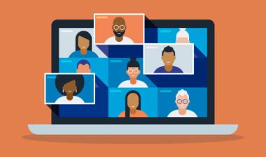 Various people in a virtual meeting on a laptop