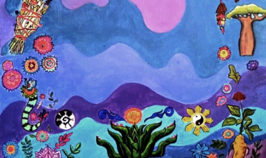 a colorful painting showcasing different plants and objects