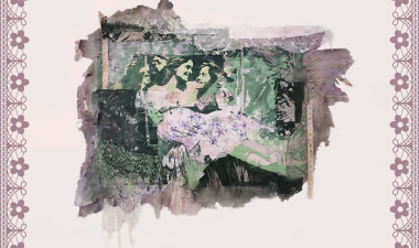 a drawing of a man holding a woman on an old rope swing.