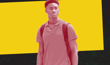 Student with black and yellow background.