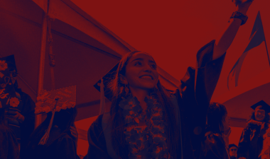 Graduating student celebrates during Commencement