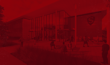 Image of new Stockton building with red overlay.