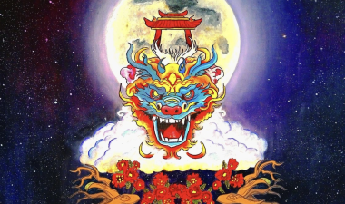 Dragon head with a moon shining in the background.