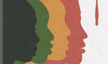 Silhouette people with a graduation cap on their head.