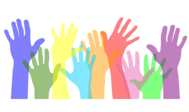 Nine hands extended and lined up