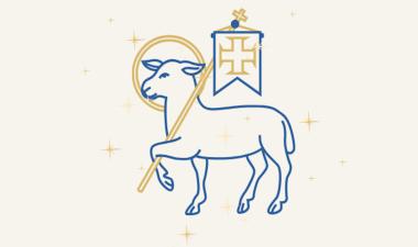 Illustration of a lamb holding a banner with the symbol of the cross