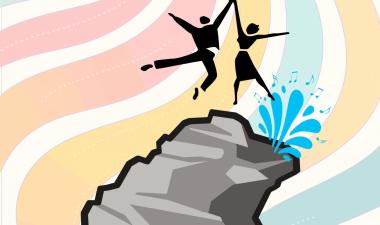 Two figures are shown jumping on a mountain