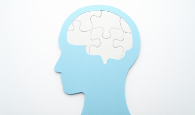 Puzzle pieces fitting into a person's head, symbolizing integration of thoughts and ideas.