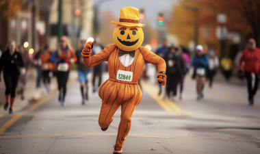 Runner with jack-o-lantern mask