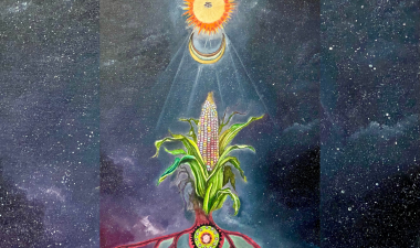 A colorful painting featuring a corn plant alongside the sun and moon.