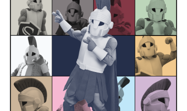 A collage of Titus, the Stan State mascot, in 10 different poses, each with various color filters.
