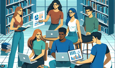 Illustration of a group of students at a library researching