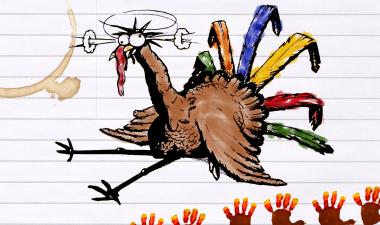 Illustration of a turkey and hands colored to look like turkeys