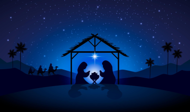 Silhouette of a Nativity set up.