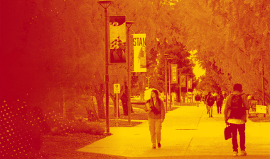 Color overlay on a scene of students walking on campus