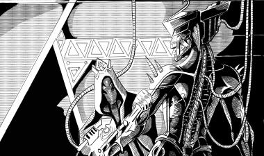 space ship and space suited figures in black and white