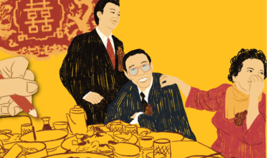 An illustration of a family gathered around a table, enjoying a festive dinner with traditional dishes.