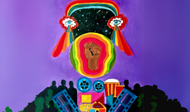 A brown raised fist inside colorful rings, floats above film reels, popcorn, and a crowd silhouette against a purple background.