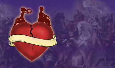 Silhouettes of a seated man and woman back-to-back on a cracked red heart with a blank banner. Background depicts a historic battle scene.