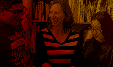 Students and faculty member with duotone color overlay.