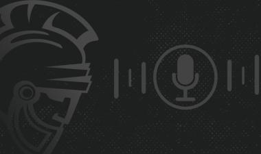 Dark grayscale image features a stylized helmet on the left, evoking a warrior theme. On the right, a vintage microphone icon surrounded by sound waves.