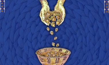 Artwork of hands dropping acorns into basket